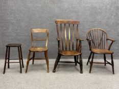 A collection of three chairs and a stool to include a late 19th century elm stick back elbow chair