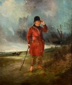 An early 19th century oil on canvas, portrait of a bare footed huntsman in a rural landscape