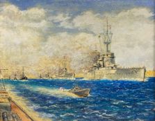 A 20th century watercolour on paper depicting a British fleet of warships off the coast of North