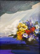 Raymond Poulet (b.1934), a mid to late 20th century mixed media painting on board, abstract still