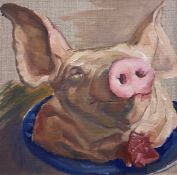 A 20th century oil on canvas laid on board, still life pig's head on a plate, indistinctly signed to