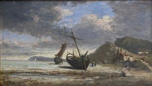 A 19th century oil on panel, boats and figures on a coastal landscape, signed to the lower left in a