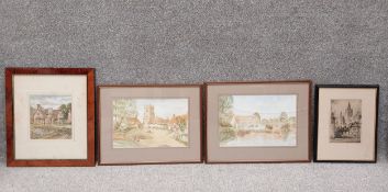 A collection of four signed paintings to include a 20th century watercolour of a thatched cottage on