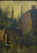 A small late 19th century oil on panel, rural village scene, signed to the lower right in a gilt