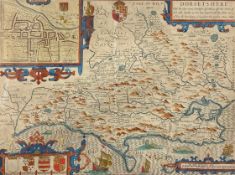 An antique hand coloured copper engraved map of 'Dorsetshyre' after the 17th century original by