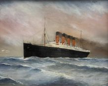 A 20th century oil on board of R.M.S. Lusitania, with a title to the upper right and initialed to