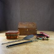 A collection of five Eastern style items to include a 19th century rosewood stationery box inlaid