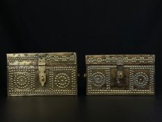 A near pair of brass clad Zanzibar style hardwood boxes with all-over geometric stud work