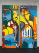 A pair of contemporary abstract acrylic paintings on canvas each signed Tobias Jette to the edge and