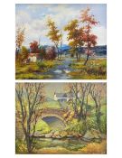 Two framed rural landscape paintings to include a signed oil on canvas and an oil on board. H.54.5