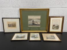 A collection of six prints to include a hand coloured 19th century engraving titled 'A View from
