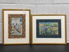 Two 20th century Mughal miniature paintings depicting palatial scenes and nobles on a stylised
