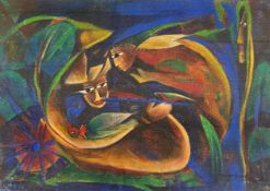 A large 20th century abstract oil on paper, three figures, signed to the lower right in a glazed