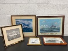 A collection of five framed works to include a lithographic poster for 'Player's Navy Cut Tobacco