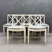 Set of five 19th century style painted and distressed chairs each having a square back with a