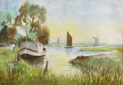 Three paintings to include a 20th century watercolour landscape, boats and a windmill on a Dutch