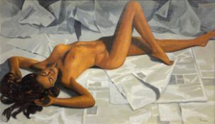 A 20th century oil on board, portrait of a reclining nude, signed Jason to the lower right in an