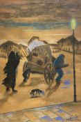 An early 20th century pastel on paper depicting a travelling family at night with a cart, signed