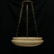 A large and impressive Art Deco carved alabaster plaffonier pendant light suspended on three chains