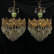 A pair of 19th century style French chandeliers each having a brass fixing with six glass drops