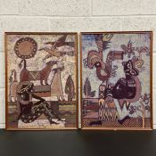 A pair of contemporary Indonesian batik or hand dyed textile artworks depicting stylised figures