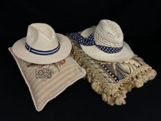 Two straw hats, his and hers, one by Dickens & Jones with a label. L.36cm W.33cm plus two needlework