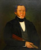 A 19th century oil on board, portrait of a gentleman holding a telescope, in a gilt frame with