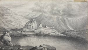 Three artworks to include an early 19th century pencil drawing of figures and a ruin on a lake in