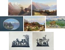A collection of seven 19th century and later artworks to include a miniature portrait painting of