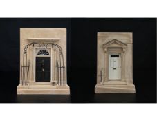 A pair of Timothy Richards bookends to include a to scale resin model of the doorway to 10 Downing