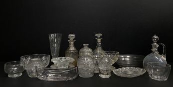 A collection of eighteen pieces of 19th century and later glassware to include three cut and moulded