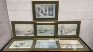 A collection of seven prints depicting sites from antiquity after the original paintings by David