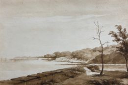 A 19th century sepia wash study of a coastal landscape titled 'St. Clair, Ryde, Isle of Wight'