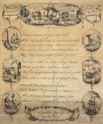 A 19th century maritime themed engraved rhyming poem surrounded by illustrations titled 'Marine