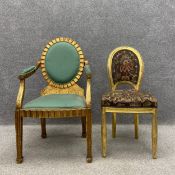 Two Louis XVI style chairs to include a gilt armchair with an oval upholstered back, shaped arms and