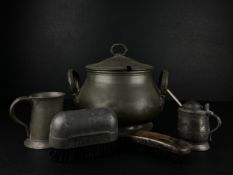 A collection of 19th century and later pewter to include a twin handled tureen with cover by Phillip