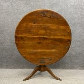 A 19th century elm tripod table having a circular thumb moulded top with a tilt action raised on a