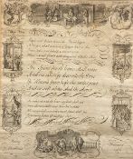 An 18th century engraving of a rhyming poem surrounded by illustrated scenes from the bible