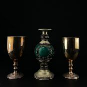A pair of silver plated Mappin & Webb goblets along with an Eastern style wirework and enamelled