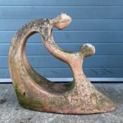 A 20th century modernist style terracotta garden figure group depicting a stylised mother and