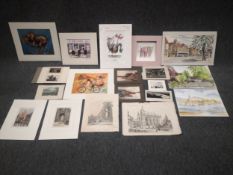 A mixed collection of nineteen artworks to include engravings, etchings, lithographs, three
