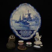 A miscellaneous collection of items to include a 20th century Dutch delftware blue and white wall