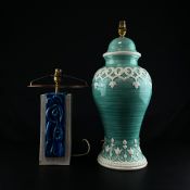 Two ceramic table lamps to include a mid-century modernist style lamp of square form with stylised