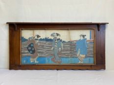 A 19th century wall mounted hardwood and bamboo shelf with a glazed panel displaying a triptych of