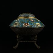 An early 20th century Chinese cloisonné censer having a pierced brass lid (with missing finial) over