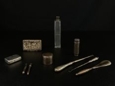 A collection of 19th century and later hallmarked silver and white metal to include an embossed T.