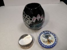 Three pieces of glass to include a mid century art glass barrel form vase along with a signed