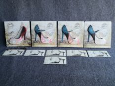 A set of four mixed media cafe style artworks on metal depicting stilettos in relief along with a
