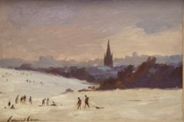 A signed oil on board titled 'Norwich from the Heath', depicting figures in the snow with Norwich