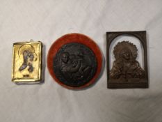 Three items to include a miniature oil and metal oklad orthodox icon along with a miniature bronze